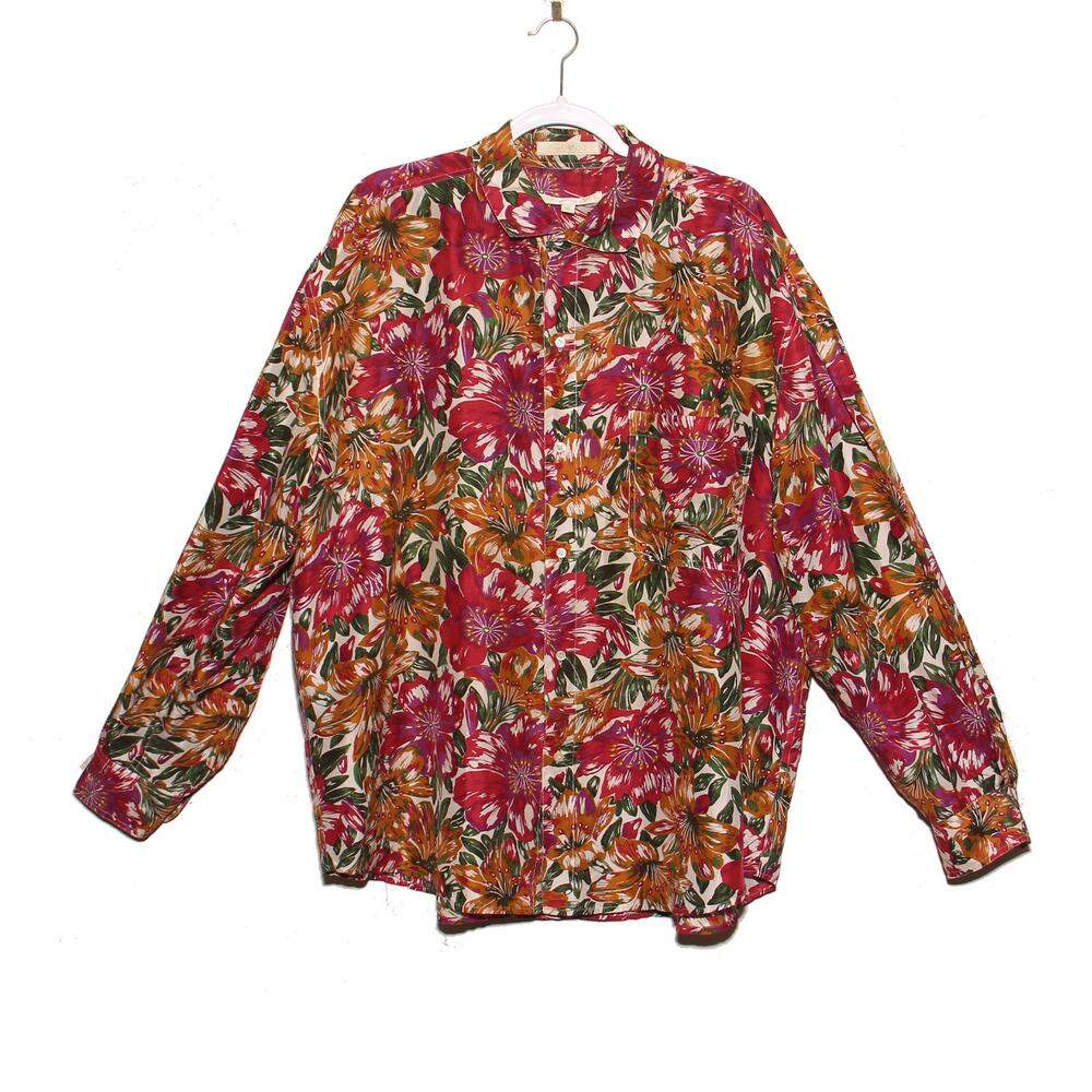 Vintage Perry Ellis Silk Button Front Shirt Size XL Floral 90s